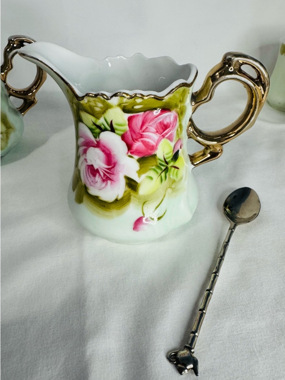 Vintage Lefton China Hand Painted Rose Gold Trim-Creamer+Sugar+Salt&Pepper+Spoon - Picture 8 of 16